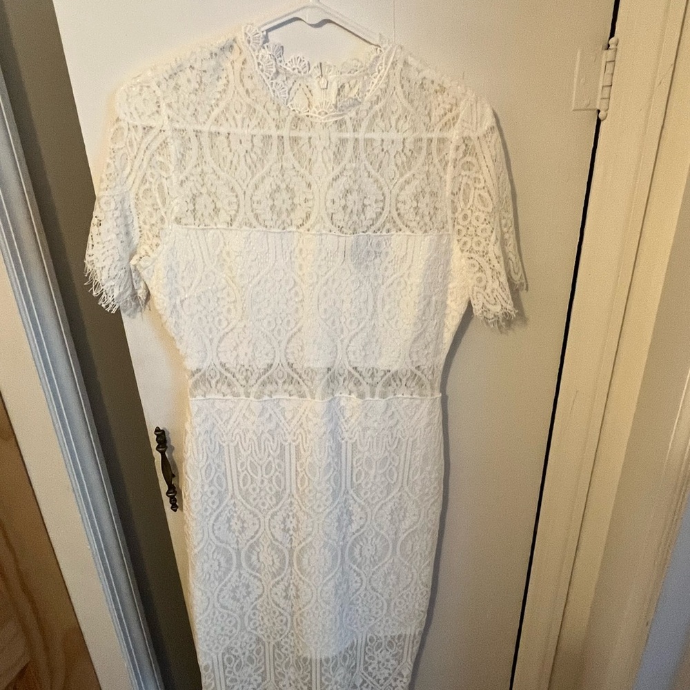Lulu's Elegant Ivory Lace Midi Dress